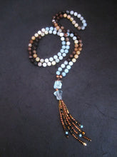 108 Beaded Mala in Matte Amazonite, Brown Line Agate, Blue Quartz Tassel Necklace