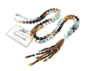 108 Beaded Mala in Matte Amazonite, Brown Line Agate, Blue Quartz in Gothic Tassel Necklace