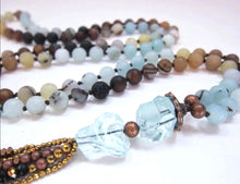 108 Beaded Mala in Matte Amazonite, Brown Line Agate, Blue Quartz Tassel Necklace