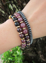 Strawberry Quartz, Black White Tourmaline Quartz Gemstone in 27 Bead Mala Bracelet with 24K Gold Vermeil Lotus Charm