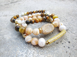 Mother of Pearl, Cat's Eye, Tiger Eye Energy Mala Bracelets