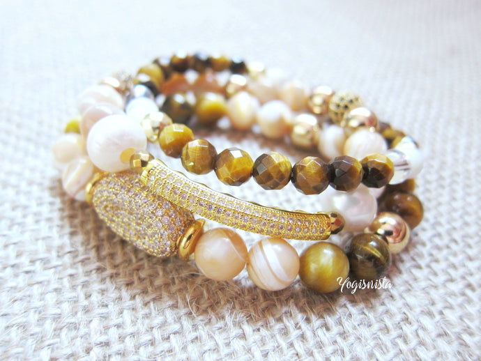 Mother of Pearl, Cat's Eye, Tiger Eye Energy Mala Bracelets