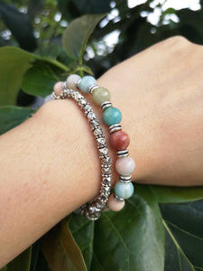 Japa Mala Wrist Bracelet in Aventurine, Amazonite, Buddha Head Bead, Stamped OM Charm - yogisnista