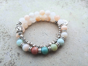 Japa Mala Wrist Bracelet in Aventurine, Amazonite, Buddha Head Bead, Stamped OM Charm - yogisnista