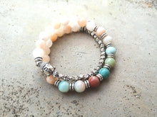 Japa Mala Wrist Bracelet in Aventurine, Amazonite, Buddha Head Bead, Stamped OM Charm - yogisnista