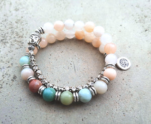 Japa Mala Wrist Bracelet in Aventurine, Amazonite, Buddha Head Bead, Stamped OM Charm - yogisnista