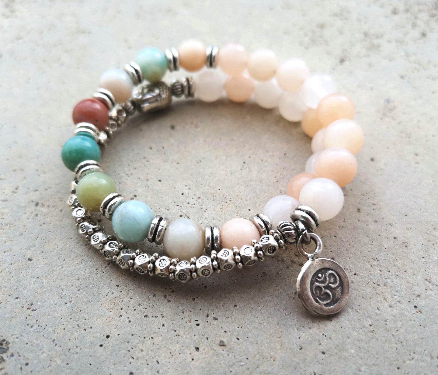 Japa Mala Wrist Bracelet in Aventurine, Amazonite, Buddha Head Bead, Stamped OM Charm - yogisnista