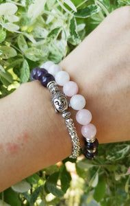 June Mala Bracelet in Moonstone, Amethyst Pink Quartz, w/ Yoga Charm - yogisnista