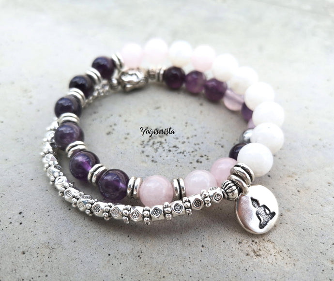 Moonstone, Amethyst, Pink Quartz Mala Bracelet