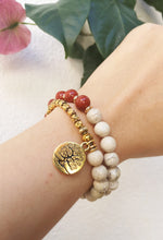 27 Bead Mala Bracelet in Red Jasper, African Opal, Tree of Life Gold Charm - yogisnista