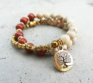 27 Bead Mala Bracelet in Red Jasper, African Opal, Tree of Life Gold Charm - yogisnista