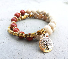 27 Bead Mala Bracelet in Red Jasper, African Opal, Tree of Life Gold Charm - yogisnista