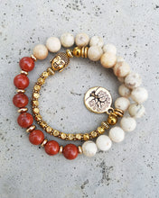 27 Bead Mala Bracelet in Red Jasper, African Opal, Tree of Life Gold Charm - yogisnista