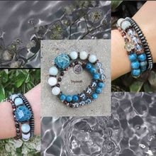 Morganite, Blue Aura Quartz, Blue Apatite in 27 Bead Mala Bracelet