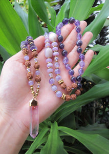 Rudraksha, Purple Amethyst, Lavender Quartz, Chevron Quartz Kunzite Mala Pendant Necklace