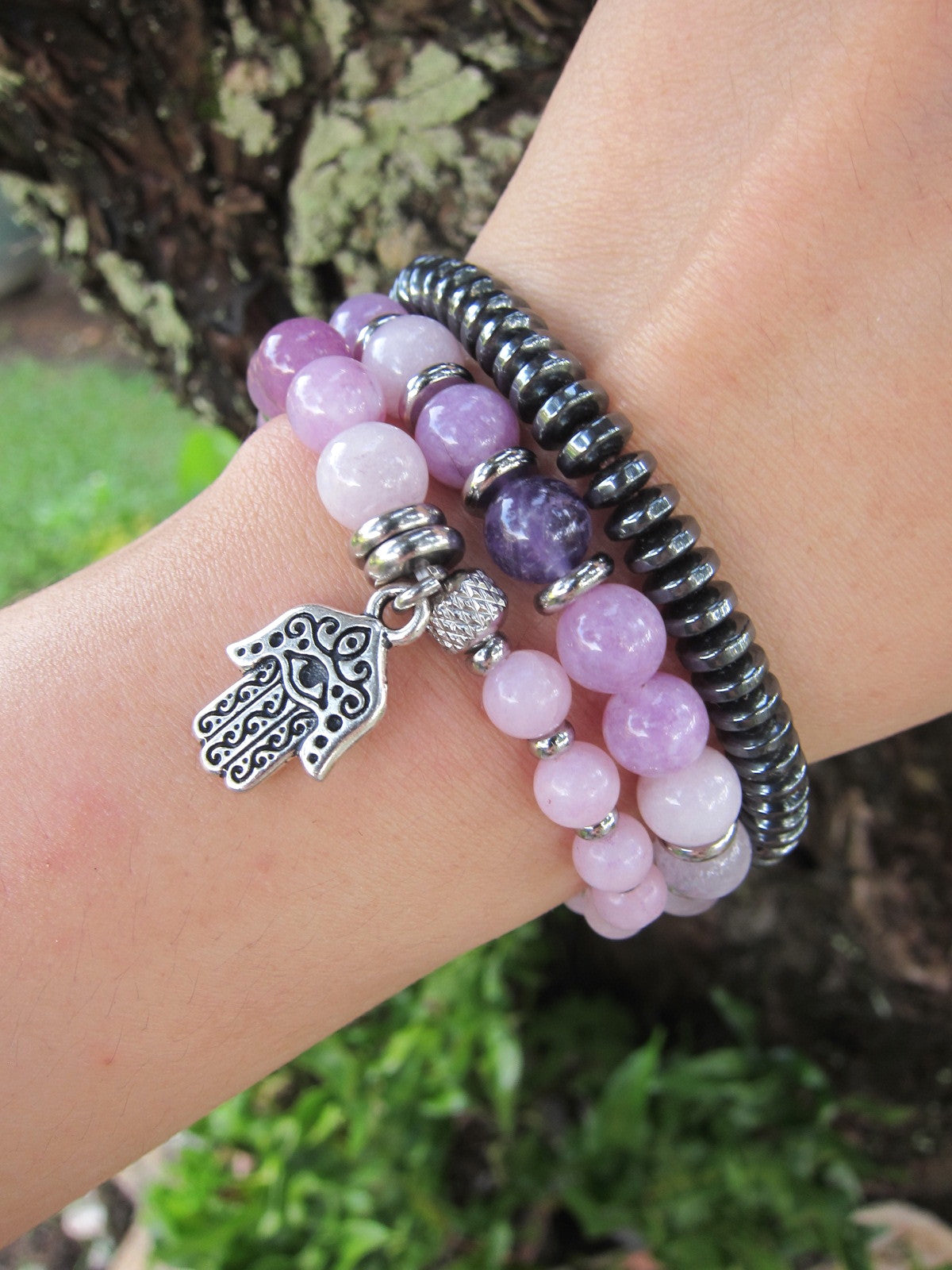 27 Bead Mala Bracelet in Kunzite and Lavender Quartz