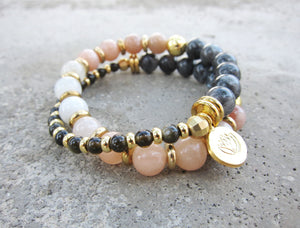 27 Bead in Moonstone and Larvikite Mala Bracelet w/ Gold charm