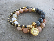 27 Bead in Moonstone and Larvikite Mala Bracelet w/ Gold charm