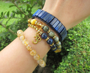 27 Bead Mala Bracelet in Blue Tiger Eye, Eagle Eye, Citrine w/ OM Charm