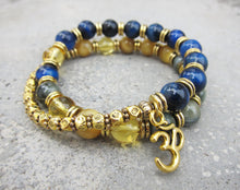 27 Bead Mala Bracelet in Blue Tiger Eye, Eagle Eye, Citrine w/ OM Charm