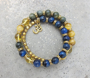 27 Bead Mala Bracelet in Blue Tiger Eye, Eagle Eye, Citrine w/ OM Charm