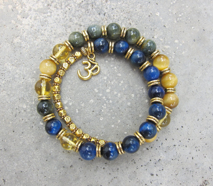 27 Bead Mala Bracelet in Blue Tiger Eye, Eagle Eye, Citrine w/ OM Charm