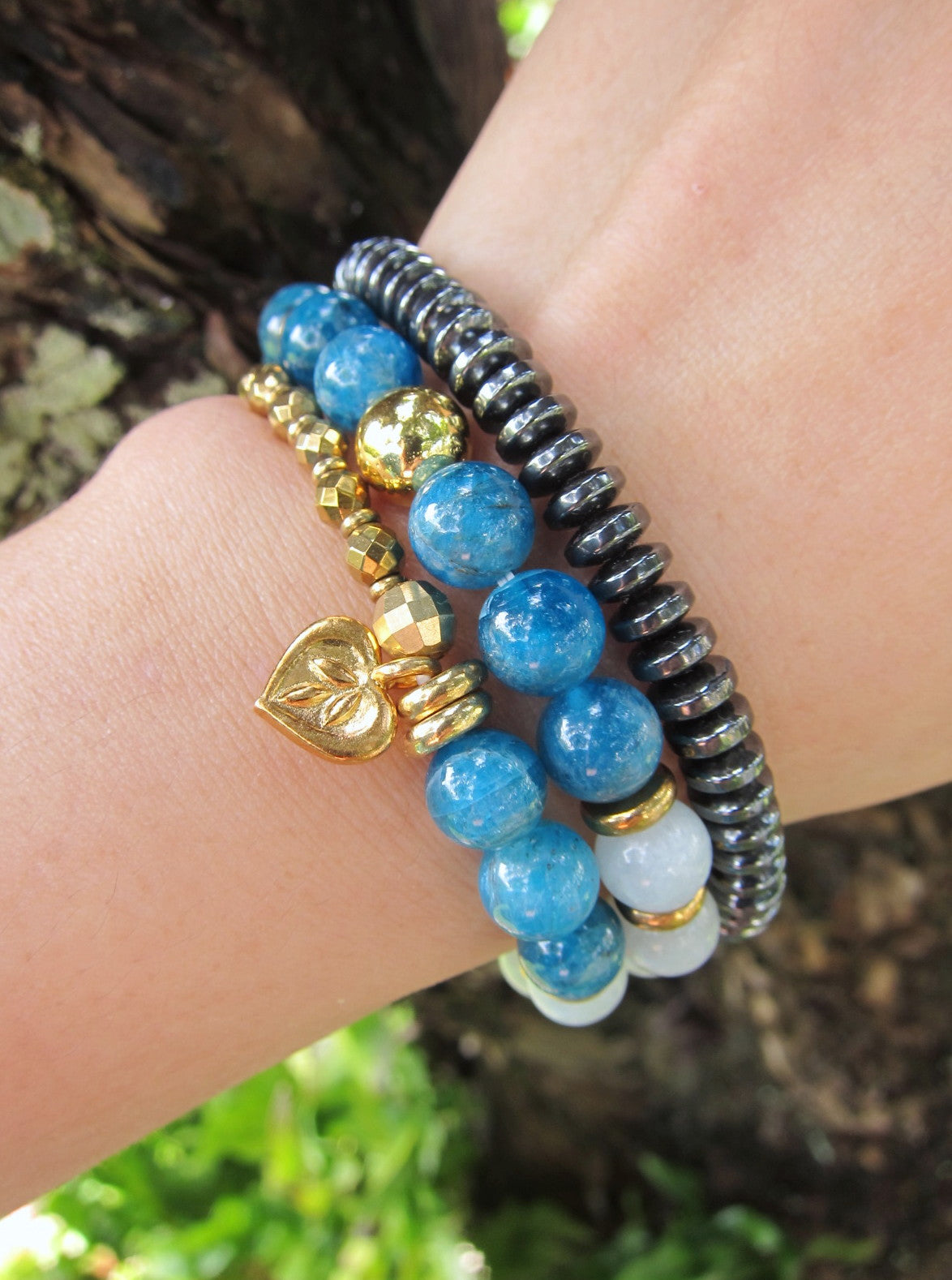 Apatite, Aquamarine in 27 Bead Mala Gemstone Bracelet w/ 24K Gold Filled Heart Flower Charm