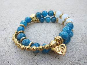 Apatite, Aquamarine in 27 Bead Mala Gemstone Bracelet w/ 24K Gold Filled Heart Flower Charm