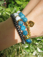 Apatite, Aquamarine in 27 Bead Mala Gemstone Bracelet w/ 24K Gold Filled Heart Flower Charm