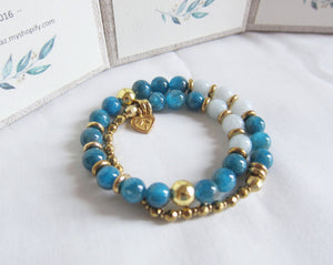 Apatite, Aquamarine in 27 Bead Mala Gemstone Bracelet w/ 24K Gold Filled Heart Flower Charm