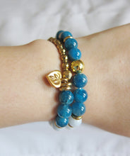 Apatite, Aquamarine in 27 Bead Mala Gemstone Bracelet w/ 24K Gold Filled Heart Flower Charm