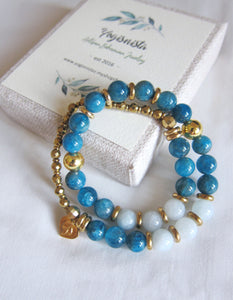 Apatite, Aquamarine in 27 Bead Mala Gemstone Bracelet w/ 24K Gold Filled Heart Flower Charm