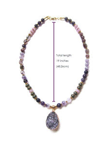 Amethyst, Kunzite, Purple Phantom Quartz in Raw Druzy Pendant Beaded Mala Necklace