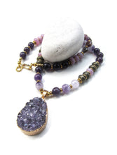 Amethyst, Kunzite, Purple Phantom Quartz in Raw Druzy Pendant Beaded Mala Necklace