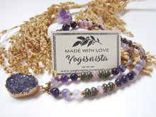 Bohemian Amethyst, Kunzite, Purple Phantom Quartz, Druzy Pendant Beaded Mala Necklace