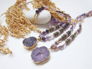 Bohemian Amethyst, Kunzite, Purple Phantom Quartz, Druzy Pendant Beaded Mala Necklace