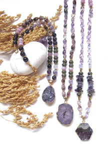 Amethyst, Kunzite, Purple Phantom Quartz in Raw Druzy Pendant Beaded Mala Necklace