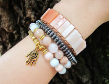 Sunstone Pink Mala Beaded Bracelet with Hamsa Charm