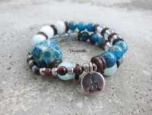 Morganite, Blue Aura Quartz, Blue Apatite in 27 Bead Mala Bracelet