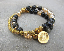 Black Gold Obsidian, Gold Aura Qaurtz Protective Mala Bracelet