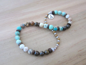 Bohemia Peruvian Mala Bracelet in Aqua Jasper, African Opal, Bronzite, Green Peru Turquoise