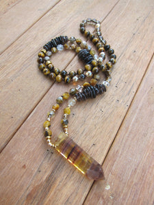 Tiger Eye, Smoky Quartz Mala Necklace in Yellow Fluorite Bullet Pendant Point