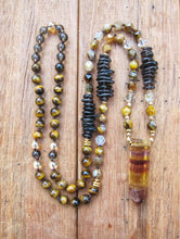 Tiger Eye, Smoky Quartz Mala Necklace in Yellow Fluorite Bullet Pendant Point