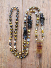 Tiger Eye, Smoky Quartz Mala Necklace in Yellow Fluorite Bullet Pendant Point