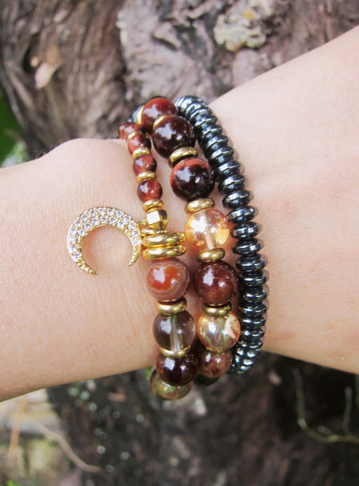 Confidence, Calming + Protection Mala Bracelet - Red Tiger Eye and Smoky Quartz