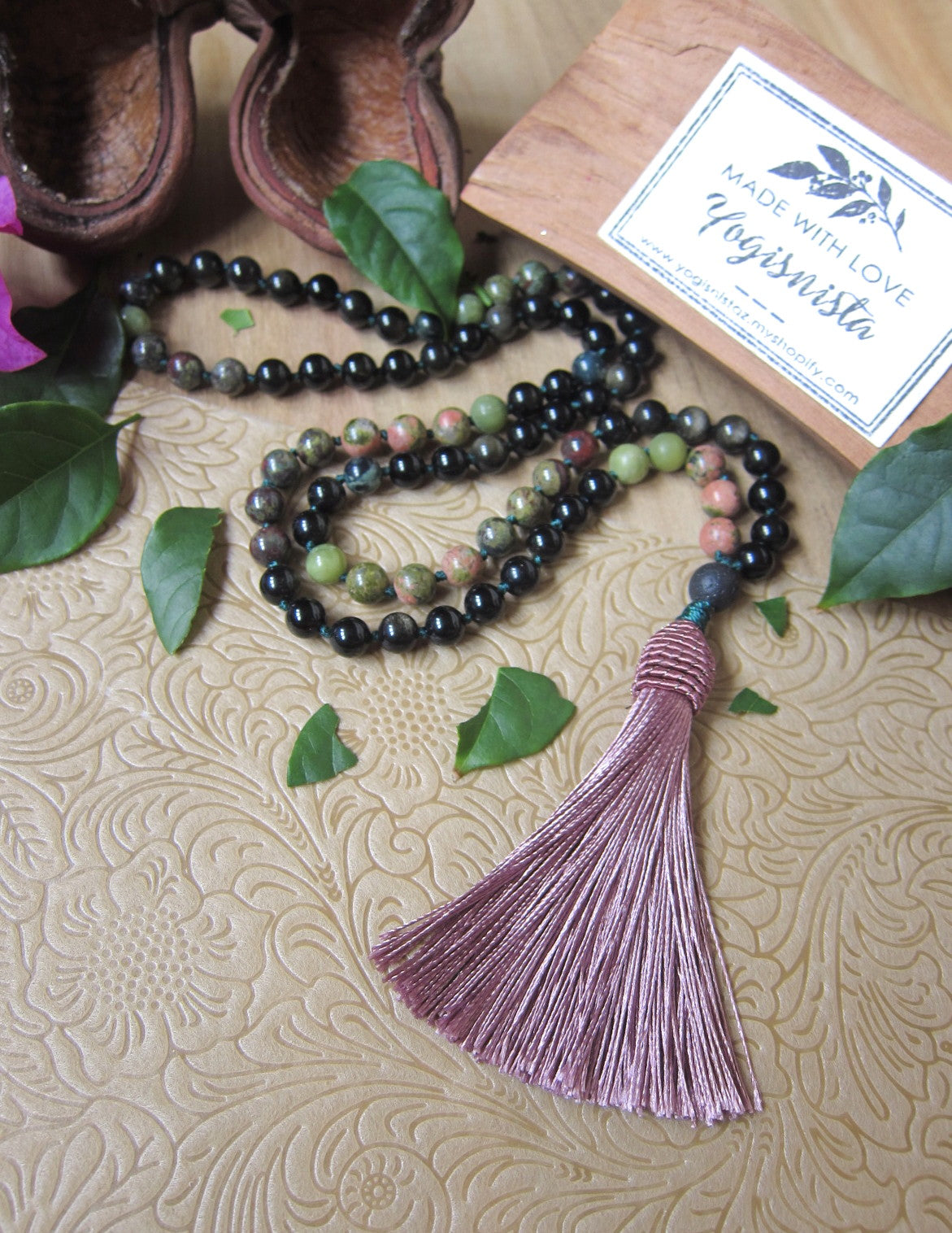 SALE - Bohemian Black Gold Obsidian, Unakite, Bloodstone Beaded Mala Tassel Necklace