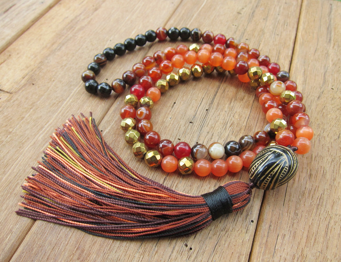 108 Beads in Bright Red Orange Cats Eye, Red Orange Carnelian Tassel Necklace