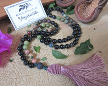 SALE - Bohemian Black Gold Obsidian, Unakite, Bloodstone Beaded Mala Tassel Necklace