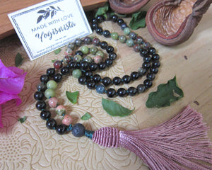 SALE - Bohemian Black Gold Obsidian, Unakite, Bloodstone Beaded Mala Tassel Necklace