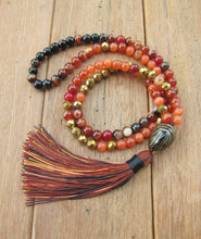 108 Beads in Bright Red Orange Cats Eye, Red Orange Carnelian Tassel Necklace